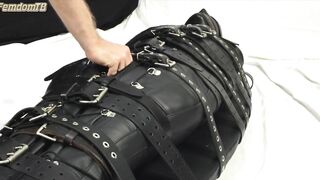 Bound with 20 belts and made to cum in a leather s