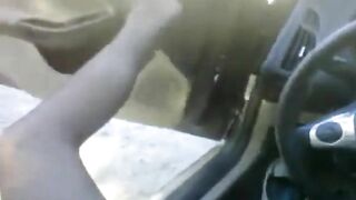 Bear in thigh high nylons jerking off in the car at the park 3